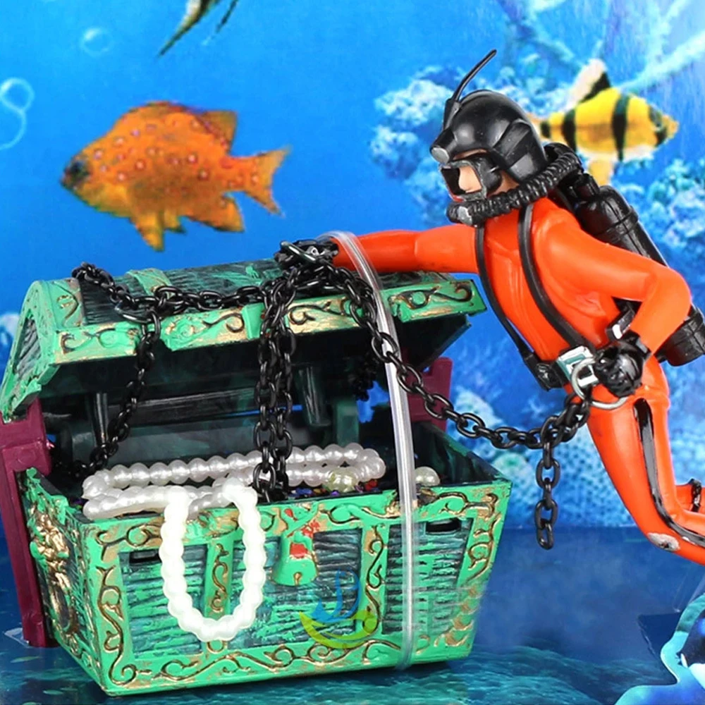 Treasure Hunter Fish Tank Ornament Fish Tank Decorations Aquarium Decoration Accessories 1Pc Diver Action Figure Treasure Chest