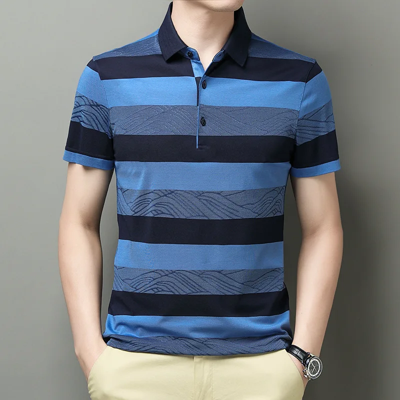 Summer New Lapel Striped Men's Short-Sleeve T-shirt Middle-Aged High Quality Men Mulberry Silk Business Casual Male Polo Shirt