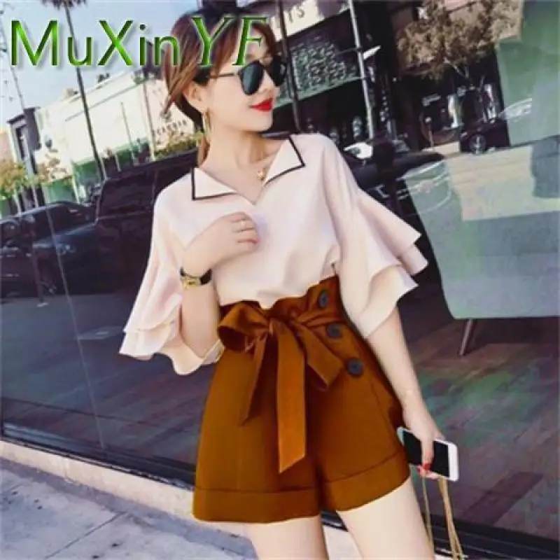 Women\'s Shorts Set 2022 Summer Sweet Casual Top Pants Two-Piece Fashion Clothing Girls High Waist Sexy T-Shirt Suit