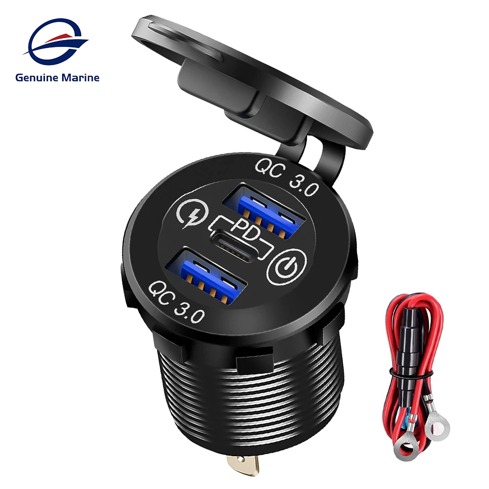 

12V/24V Car USB Socket 30W PD USB-C & Two QC3.0 Ports with Power Switch Fast Car Charger Adapter for Car Boat Marine RV Motor