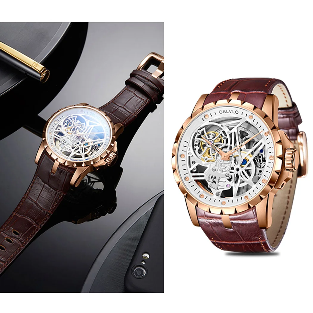 OBLVLO ساعة أوتوماتيكية للرجال 46 ملم ساعة يد ميكانيكية مضيئة هيكل عظمي مينا 50 متر مقاومة للماء Relogio #4