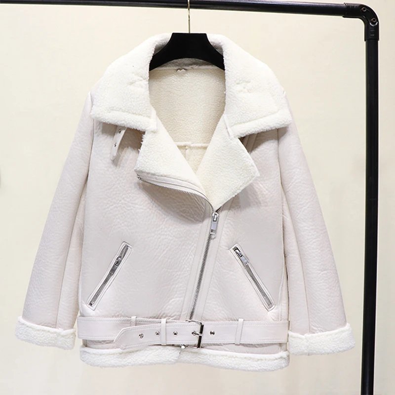 Veste d'hiver en cuir pour femme, manteau épais en fausse fourrure, peau de mouton