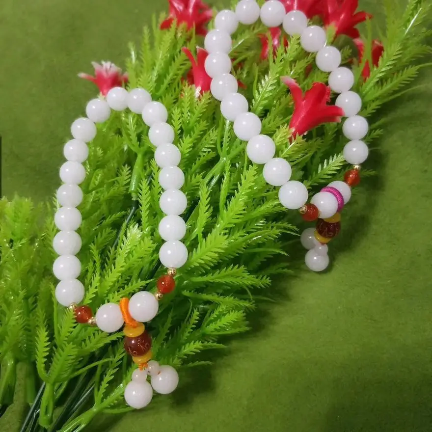 8mm Admirable White jade Mala Bead Bangle Jade burnish bracelet prayer Buddhism Amulet