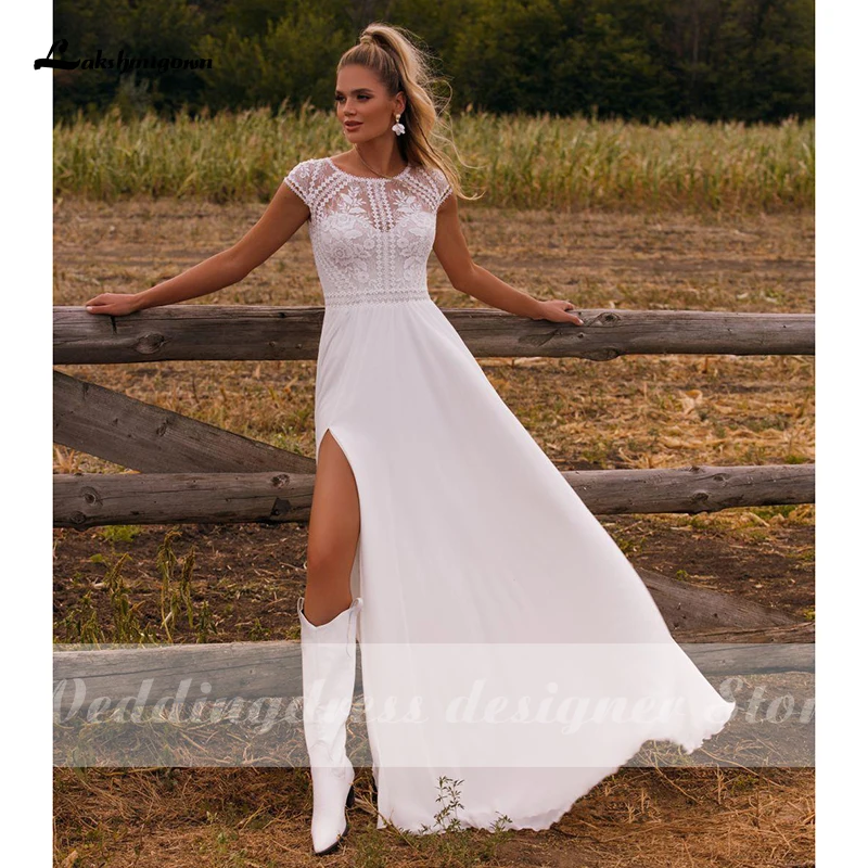 Vestido de novia de gasa con abertura bohemia, mangas casquillo personalizadas, vestidos de novia sexis con cuello en V de alta calidad, bata de tren de barrido