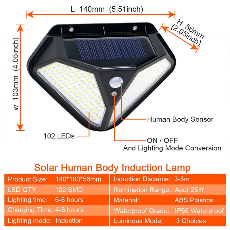 Imagem -03 - Led Pir Motion Sensor Solar Energy Street Lamp Lados 102led Modos de Iluminação Quintal Path Casa Jardim Energia Solar Induction Wall Light