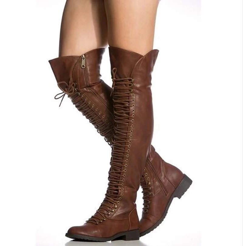 

Women Fashion Eyelet Lace-up Leather Over Knee Flat Boots Rivets Brown Black Zipper-up Long Knight Boots High Boots