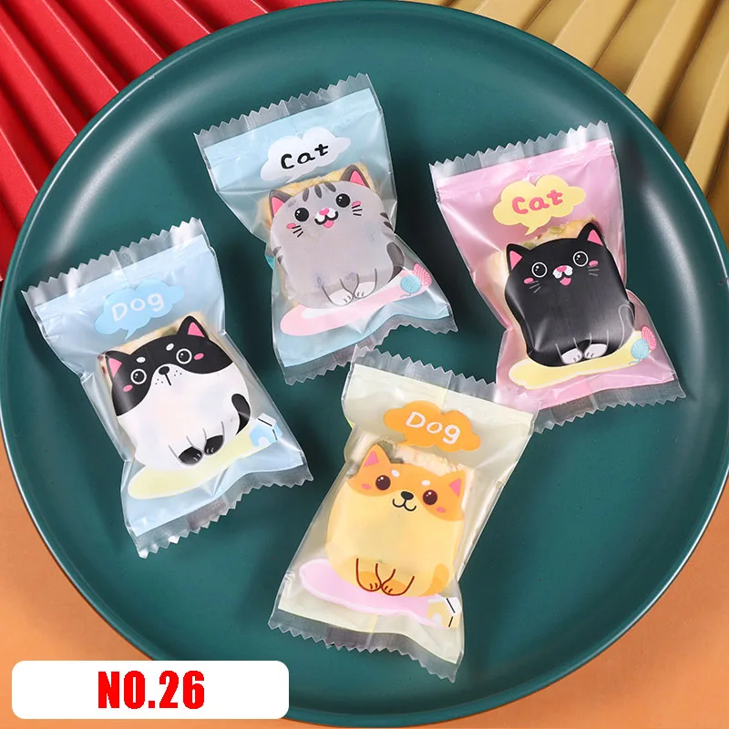 AQ 100pcs/lot Cute Cartoon Baby Cat Dog Warm Solid Color Birthday Party Animal Cookies Biscuit Pack Bag 4in1 Colored Plastic Bag