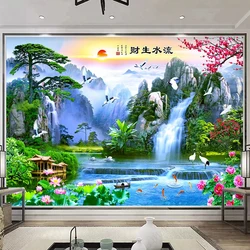 Custom Self-Adhesive Wallpaper 3D Chinese Style Landscape Waterfall Nature Scenery Photo Wall Mural Living Room TV Sofa Stickers