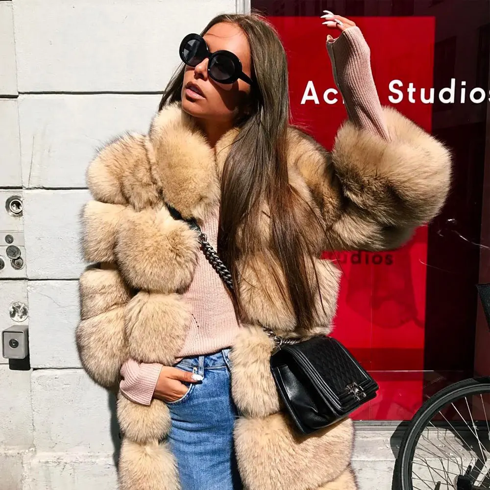 Winter Fake Fox Fur Coat Women Winter Thick Fur Coat Real Fox Fur Jacket With Stand Collar Overcoat Female Ladies Furs Jacket