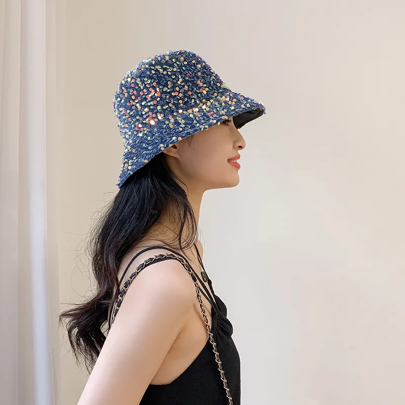 Spring and Summer Ladies Sun Hat Korean Wild Colorful Sequined Fisherman Hats Japanese Fashion Personality Catwalk Basin Cap