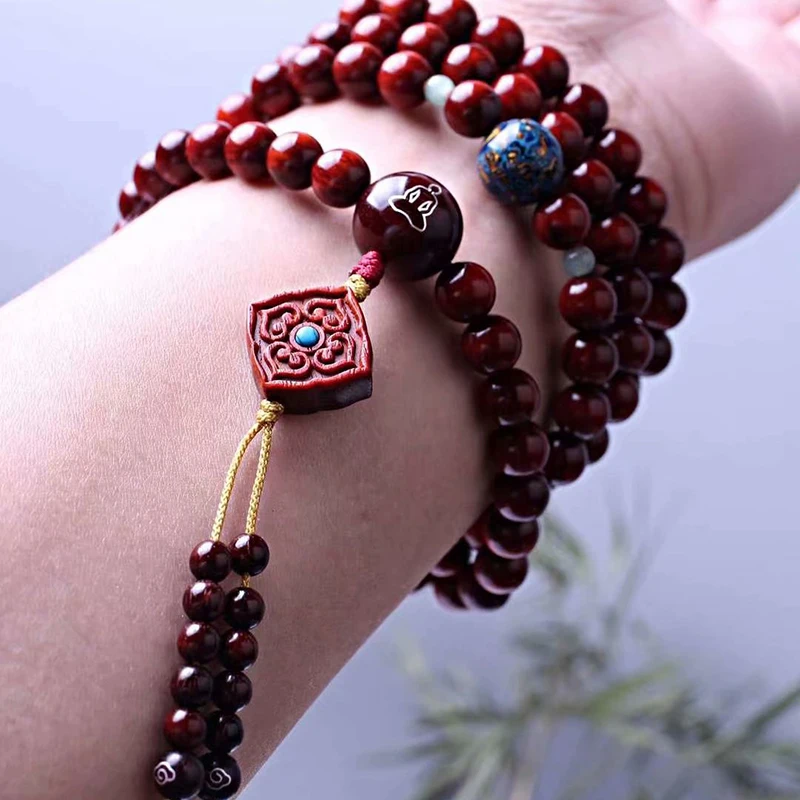 Fidelity lobular rosewood bracelet rosary bracelet 0.8*108 thousand-year-old chicken red glass beads.