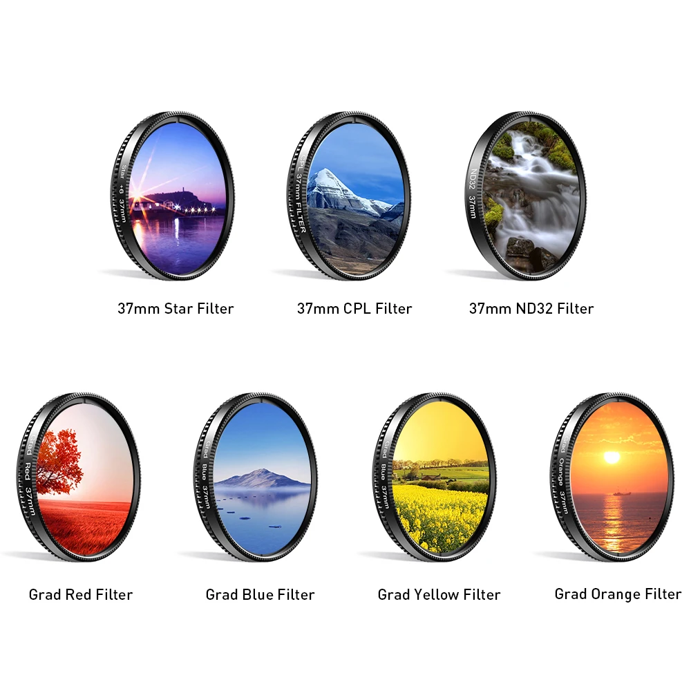 APEXEL 7 IN 1 กล้องโทรศัพท์มือถือชุดเลนส์ 37 มม.บัณฑิตสีแดงสีฟ้าตัวกรองสีเหลือง + CPL ND/Star ตัวกรองสำหรับ iPhone ซัมซุงมาร์ทโฟนทั้งหมด