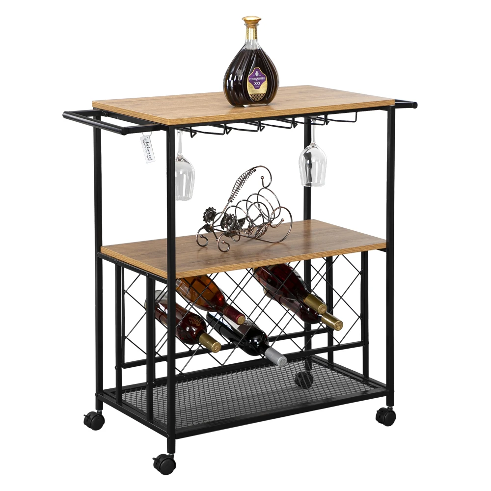 Industrial Wine Rack Cart Kitchen Rolling Storage Bar Wood Table Serving Trolley Bar Serving Cart  Dining Cart