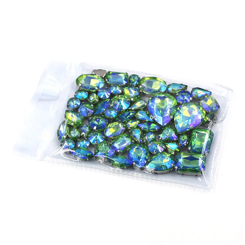 50pcs/bag mixed shape crystal glass rhinestones Green  AB faltback sew on rhinestones diy clothing accessories