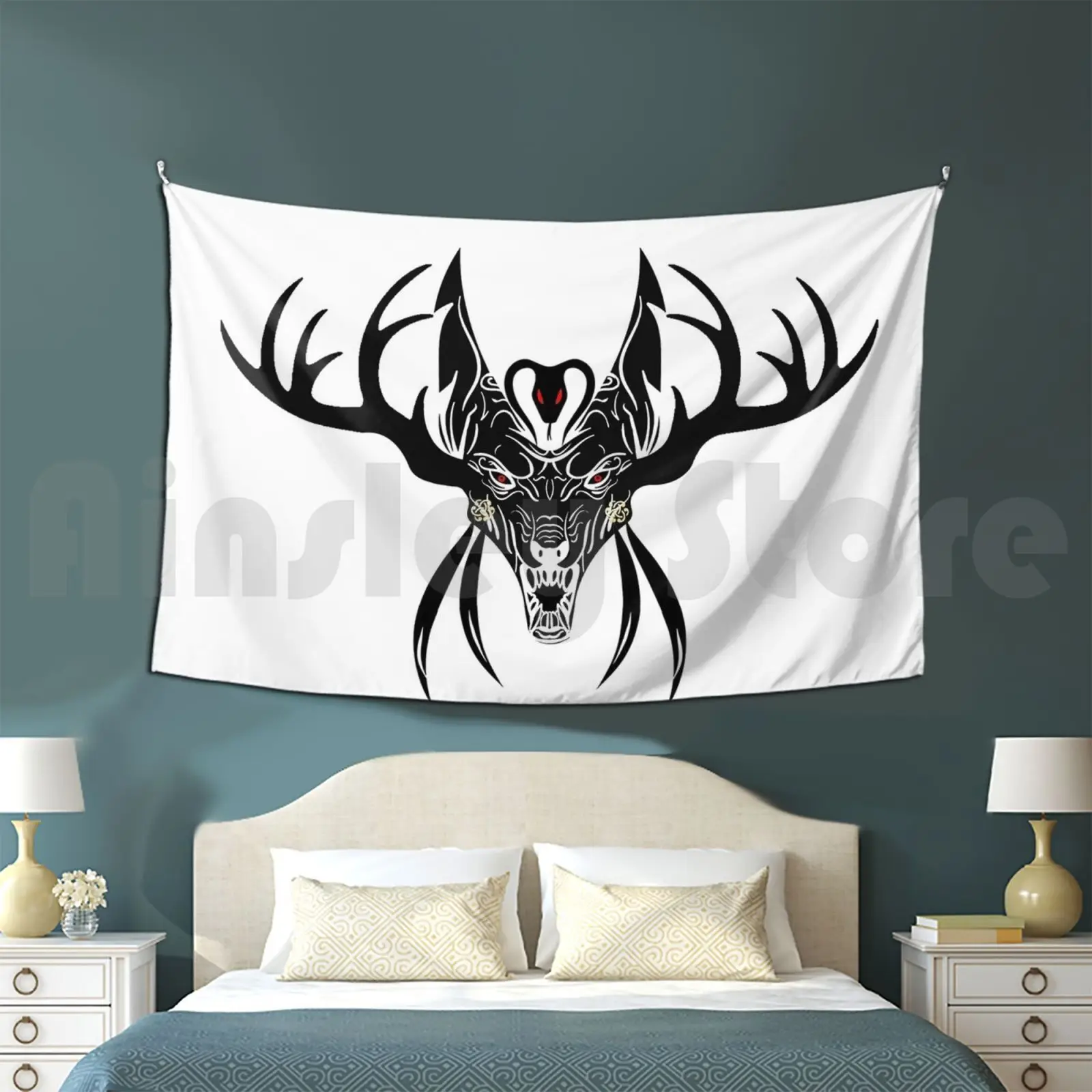 Indian Anubis Tapestry Living Room Bedroom Anubis Dog Deity Death Snake Red Eye Horns Fangs Roar Feather Deer