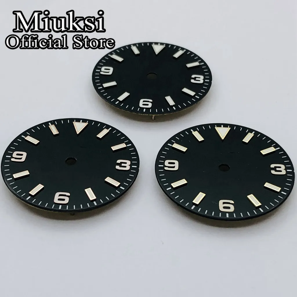 Miuksi 29mm black watch dial green luminous fit NH35 NH36 ETA2824 2836 Mingzhu DG2813 3804 Miyota 8205 8215 821A PT5000 movement