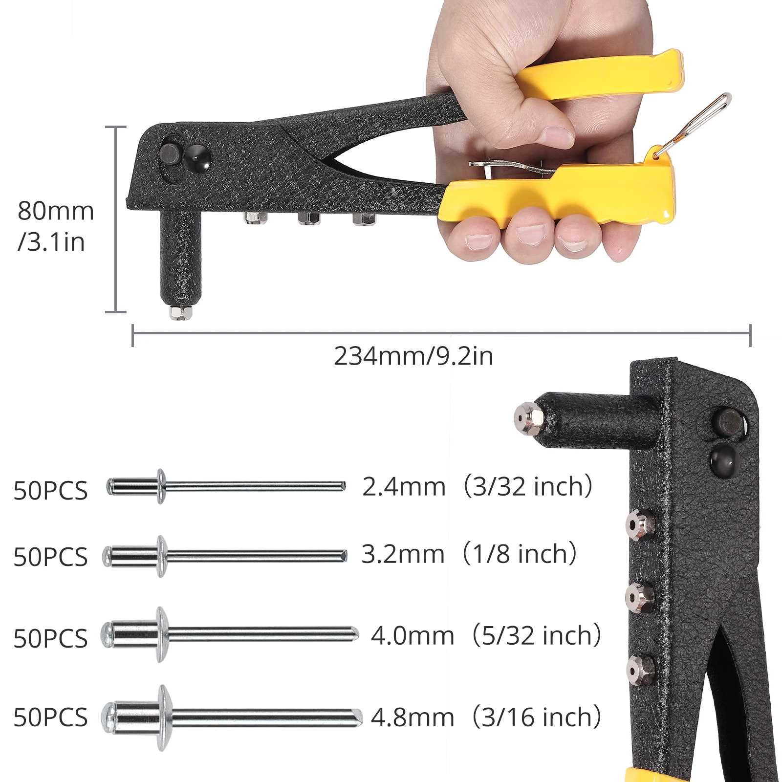 JUSTOOL nitownica ręczna nit pistolet nit narzędzie z 4 rozmiarami głowice Nosepieces 200PC nity zestaw nitów zestaw do domowe prace naprawcze narzędzia