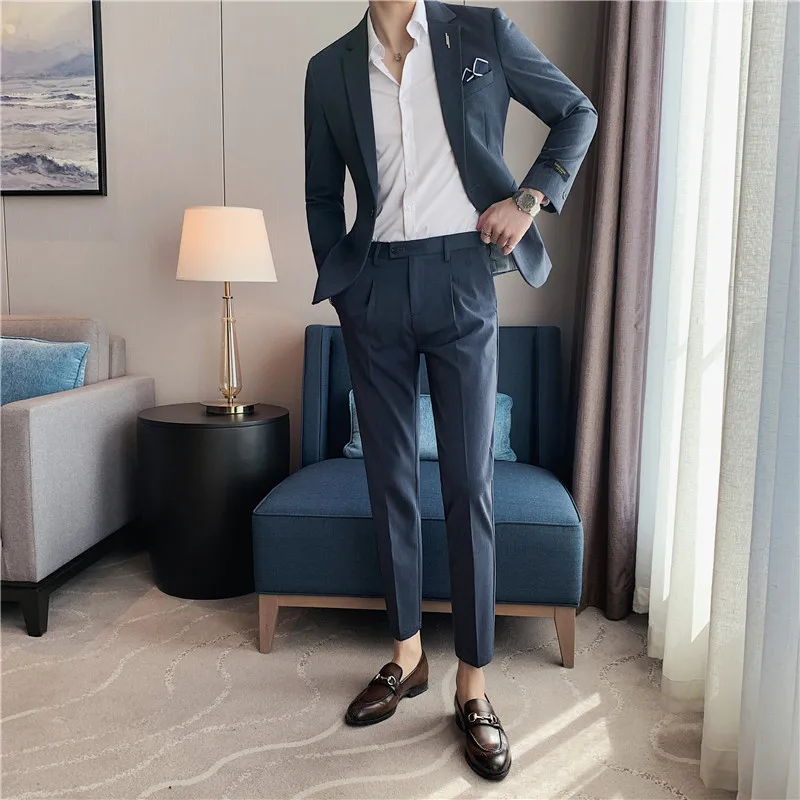 High Quality Plus Size Business Formal Wear Men Sets Fashion One Button Slim Fit Wedding Suits Dress Casual Jacket+Pants 4XL-S