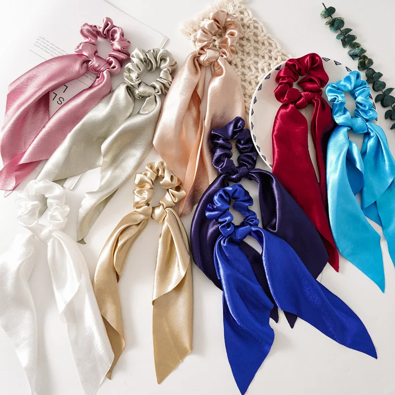 Shiny Silk Long Ribbon Scrunchies Elastic Hair Bands Women Girls Bow Knot Scraf Ponytail Holder Hair Ties Hair Accessories