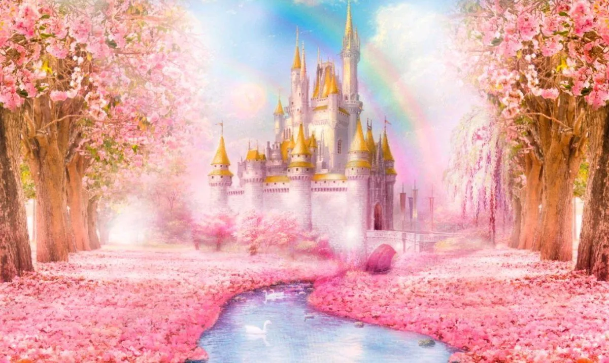 

Cinderella Castle Palace Cherry Blossoms Flower Tree River Rainbow Bokeh backgrounds Computer print party backdrop