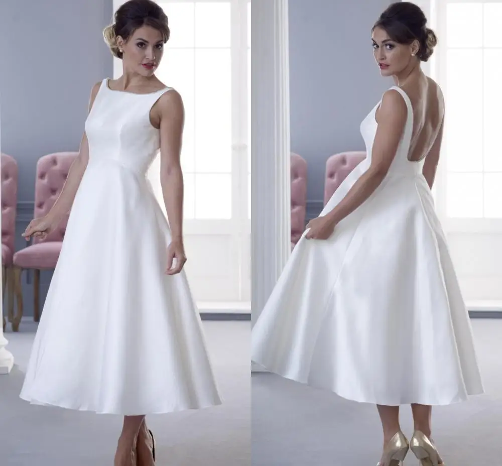 Simple Satin Vintage Tea Length Short Wedding Dresses 2020 Sleeveless Boat Neck A-line 1950s Beach Bridal Gowns Informal