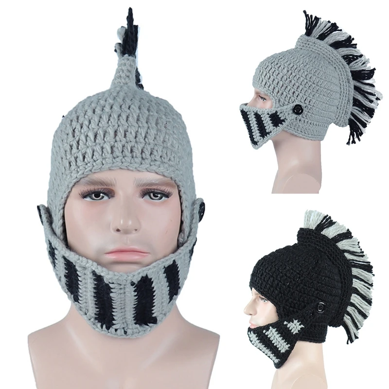 Unisex Funny Chunky Knit Roman Knight Helmet Hat Contrast Color Tassel Barbarian Earflap Beanie Skull Cap with Face Mask