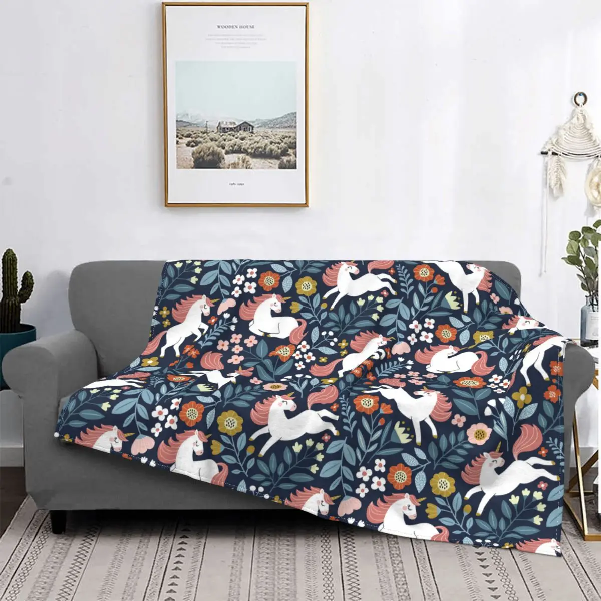 Vintage  With Cute Unicorns On Floral Background Blankets Fleece Decoration Throw Blankets for Bedding Bedroom Plush Thin Quilt