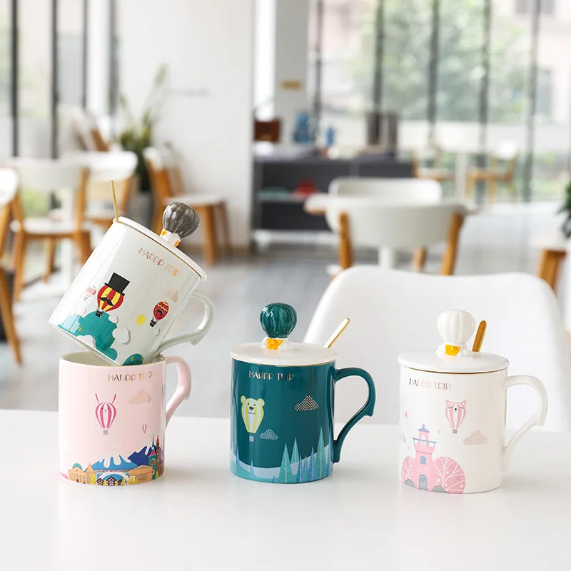 Cute Hot Air Balloon/Bear Mug With Lids Spoon Large Capacity Ceramic Cartoon Mug Wedding Christmas Gift Cup Drinkware Coffee Cup