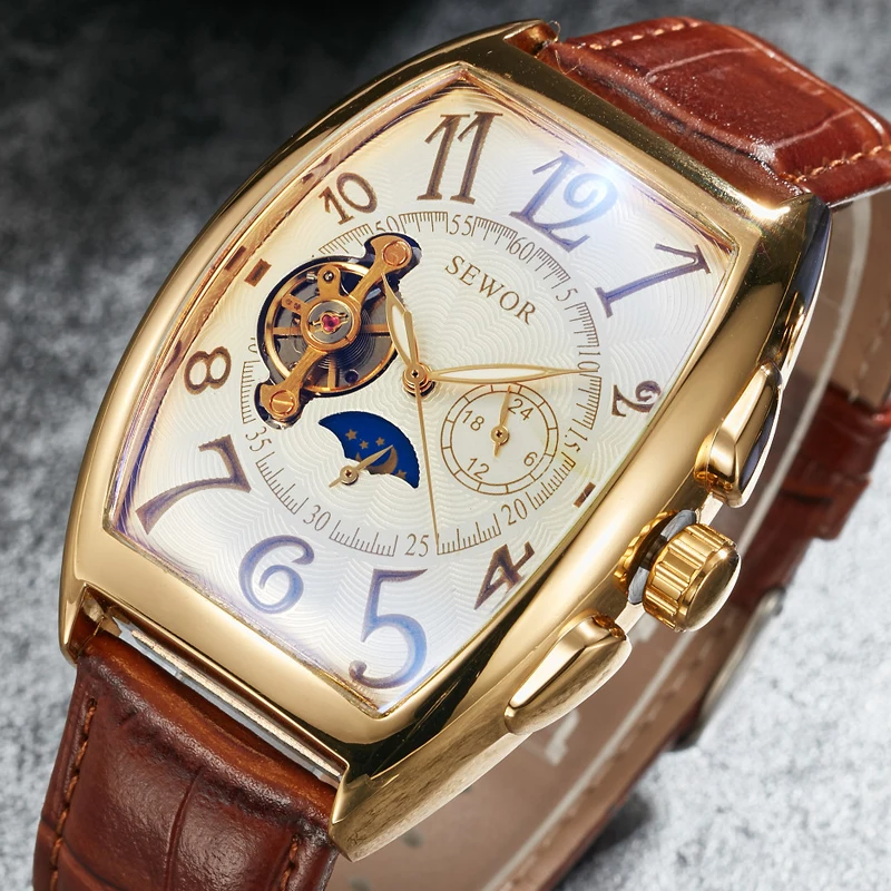 Luxury Automatic Mechanical Watches Men Moon Phase Skeleton Retro Self Winding Wristwatch Male Gold Case Clock Leather Watches