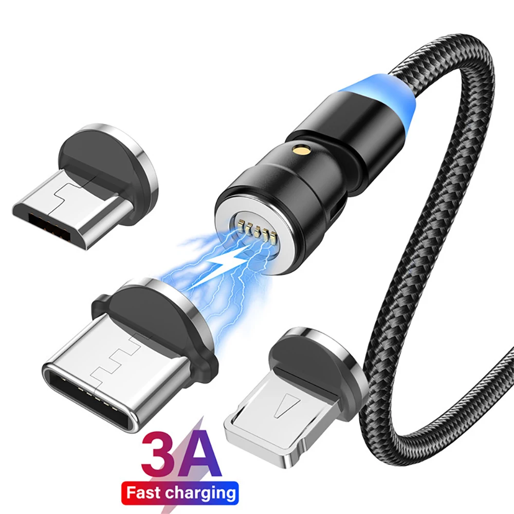 Magnetic Cable 540 Degree Rotate Magnetic Charging Wire 180 360 Micro USB Cable Magnet Charge Cable Type C 3 in 1 Charger Cord