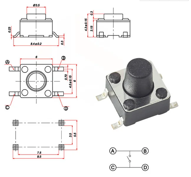 50pcs 6x6 SOP-4 touch switch Push button micro switch SMd 4pin 6X6x4.3/4.5/5~15H 6*6*4.3/5/6/7/8/10/11/4/15