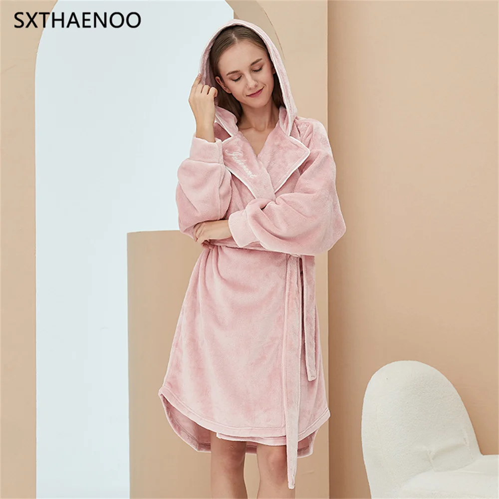 SXTHAENOO New Flannel Pajamas Suit Long Thickened Pajamas Rboe Long-sleeved Trousers Hooded Women Home Service Homewear