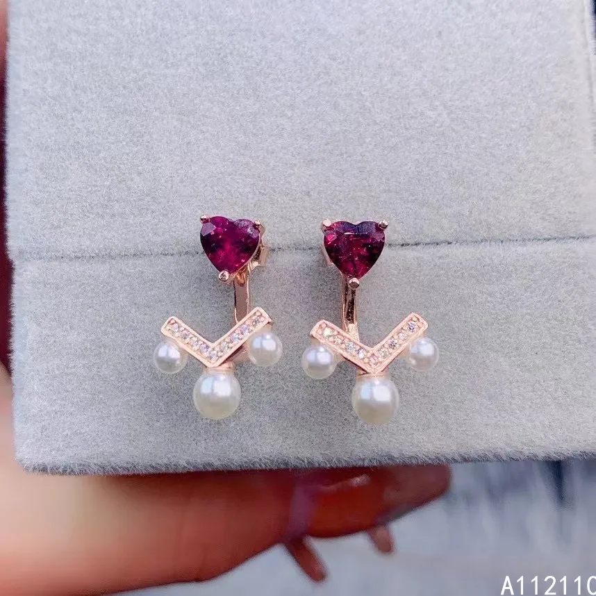 

Fine Jewelry 925 Sterling Silver Inset With Natural Gem Women's Luxury Lovely Heart Pearl Pyrope Garnet Earrings Ear Studs Suppo