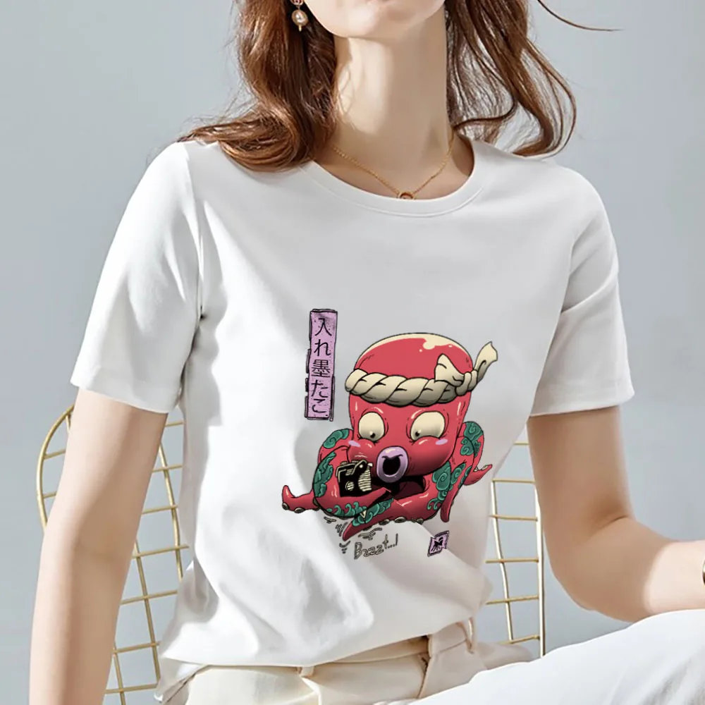 

Summer Women's Commuter Fashion T-shirt Casual Cute Japanese Funny Octopus Print Pattern Round Neck Top Soft Ladies White Shirt