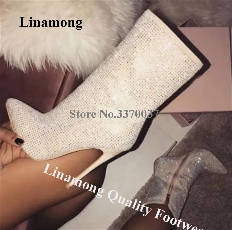 

Linamong Bling Bling Rhinestone Stiletto Heel Short Boots Pointed Toe Beige Crystals Ankle Booties Shining Wedding Heels