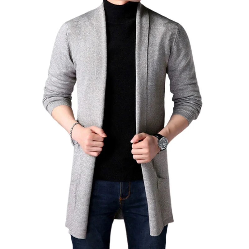 Casacos longos e finos de suéter masculino, jaquetas monocromáticas de malha, suéteres masculinos casuais, outwear cardigan, moda, outono, 2024