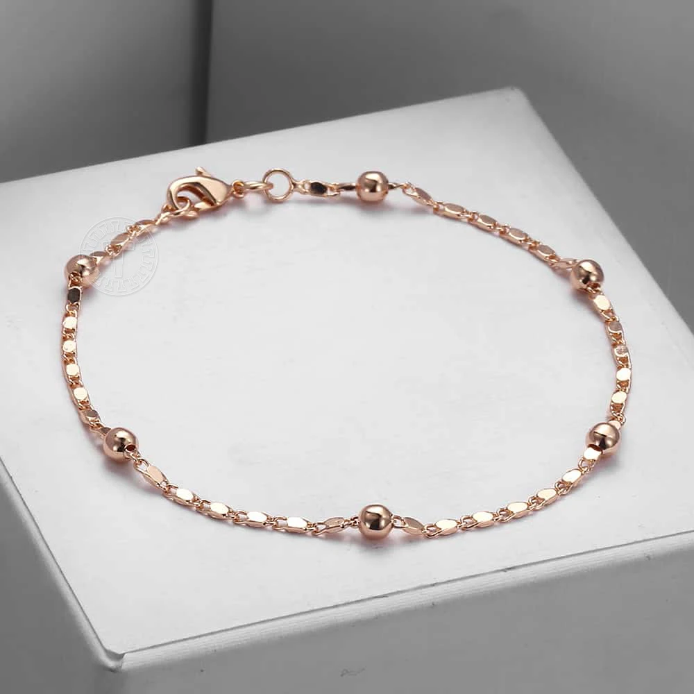 Davieslee 2mm Marina Stick Bead Link Chain Bracelet for Women Girl 585 Rose Gold Color Bracelet Link Chain Party Gifts CB11A