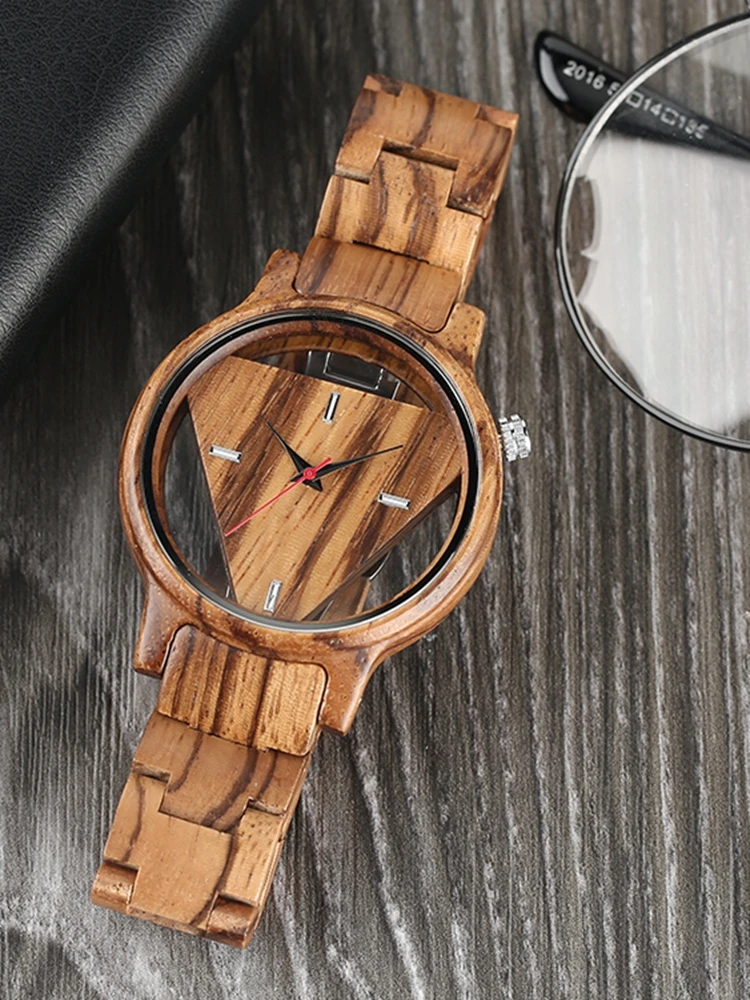 Unique Inverted Geometric Triangle Wood Watch Men Women Creative Hollow Dial Full Wooden Quartz Wristwatch Reloj de madera 2020