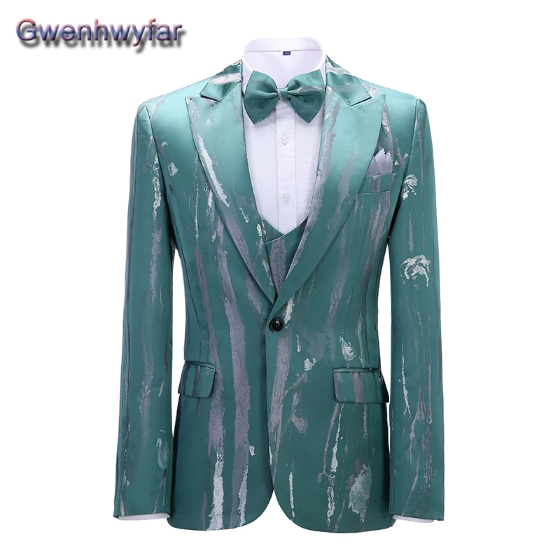 Gwenhwyfar New Men\'s Wear Print High Quality Party Veste Costume 3 Pcs Suit Male Slim Fit Groom Wedding Tuxedo Blazer Masculino