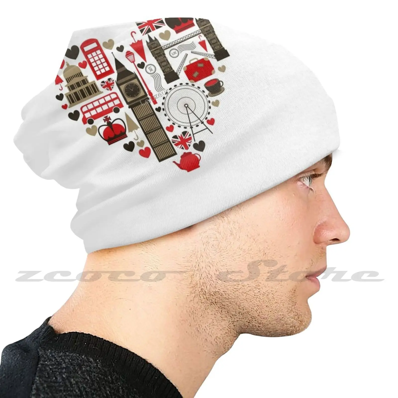 Love London Diy Pullover Cap Knit Hat Plus Size Keep Warm Elastic Soft London Heart Big Ben Crowned Queen England Tea Imperial