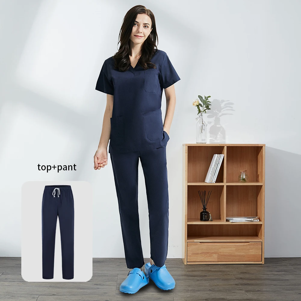 Conjunto de ropa de trabajo para enfermeras, Uniforme de Trabajo de salón de belleza, Top quirúrgico médico, pantalones, negro y azul
