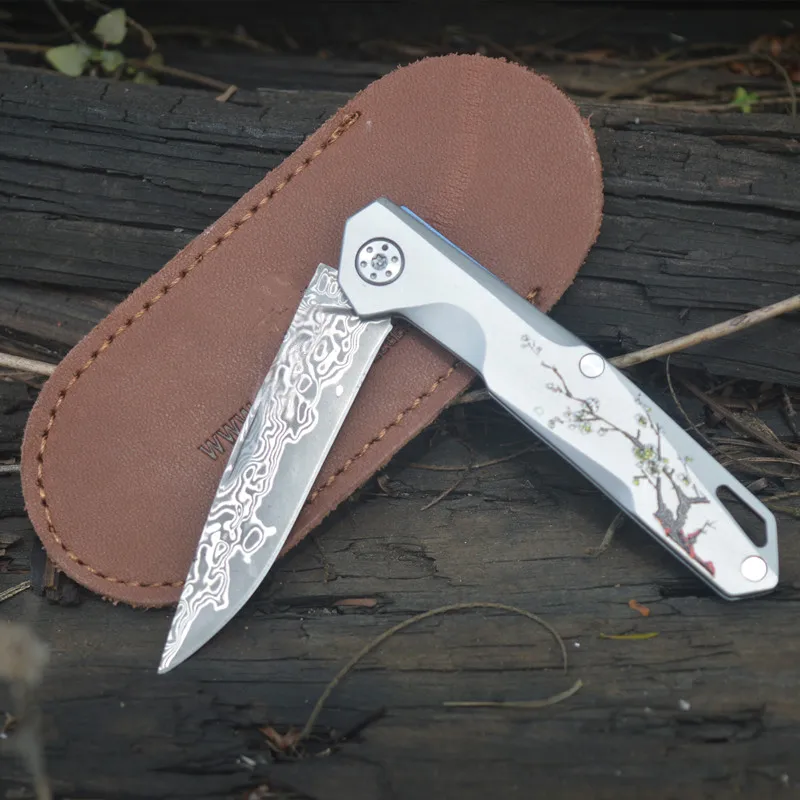 Damascus Steel Blade Mini Folding Pocket Knife With Leather Sheath Camping Portable Small Fruit Knife Gift Self Defense EDC Tool