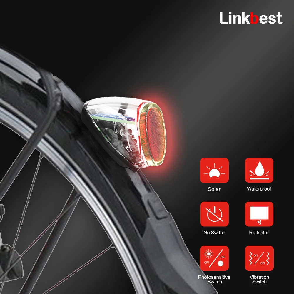 Linkbest Automatic On/Off Bike Light, Natural Daylight, Charging Light, Shock Sensor Reflector, Waterproof Tail, Solar Cycling L