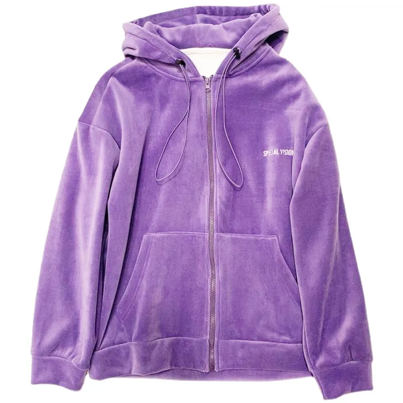 Violet Zip-up Jacket Women Sweatshirt Autumn Winter Loose Plush Thicken Korean Embroidery Zipper Hooded Casual Coat