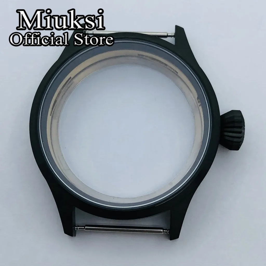 Miuksi 43mm black PVD stainless steel watch case sapphire glass fit ETA6497 6498 Seagull ST3600 ST3620 ST36 series movement