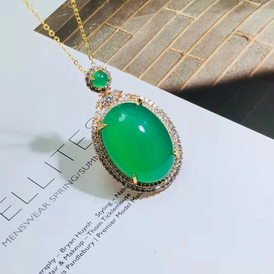 9250 Silver Plated Inlaid Agate Chalcedony Jade Pendant Neck Decoration Crafts Necklaces Fine Jewelry Accessories