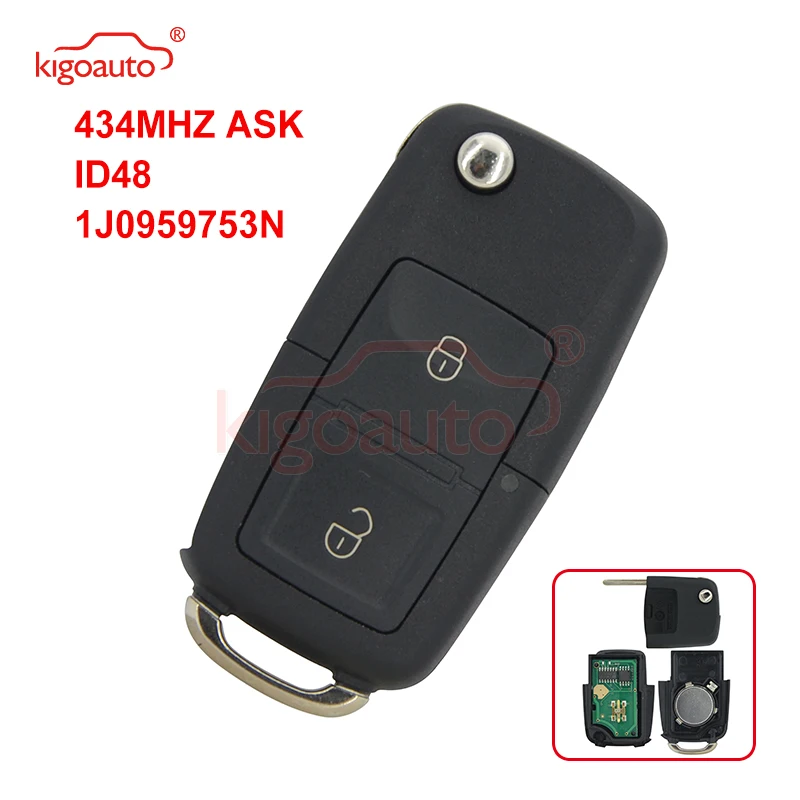 Kigoauto-llave remota de 2 botones, HU66, 433,9 MHZ, ASK ID48, 1JO, 959, 753 N, para VW Bora, Seat Ibiza, Skoda Octavia 2000