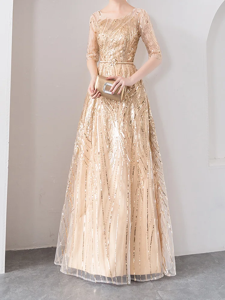 Light Gold Mother of the Bride Dress Scoop Half Sleeves Lace-up Back Floor Length Long Gowns