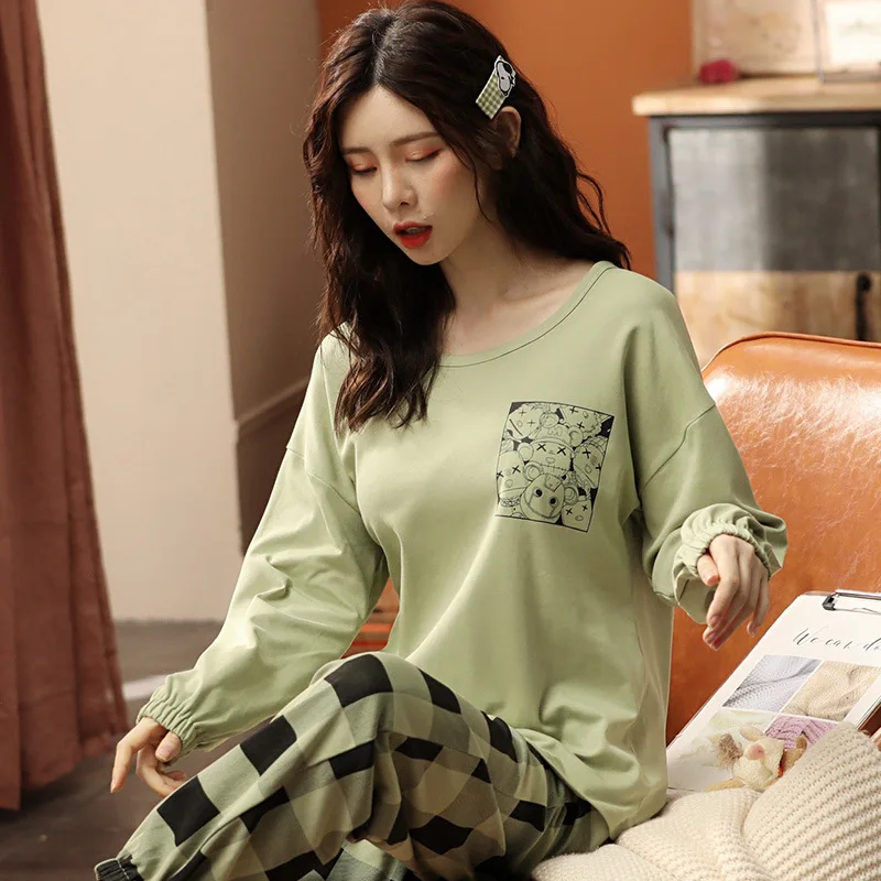 2021 New Cotton Women Pajamas Sets Spring Autumn Long Sleeved Sleepwear Set Plaid Pyjamas Suit Loose Loungewear Casual Homewear 