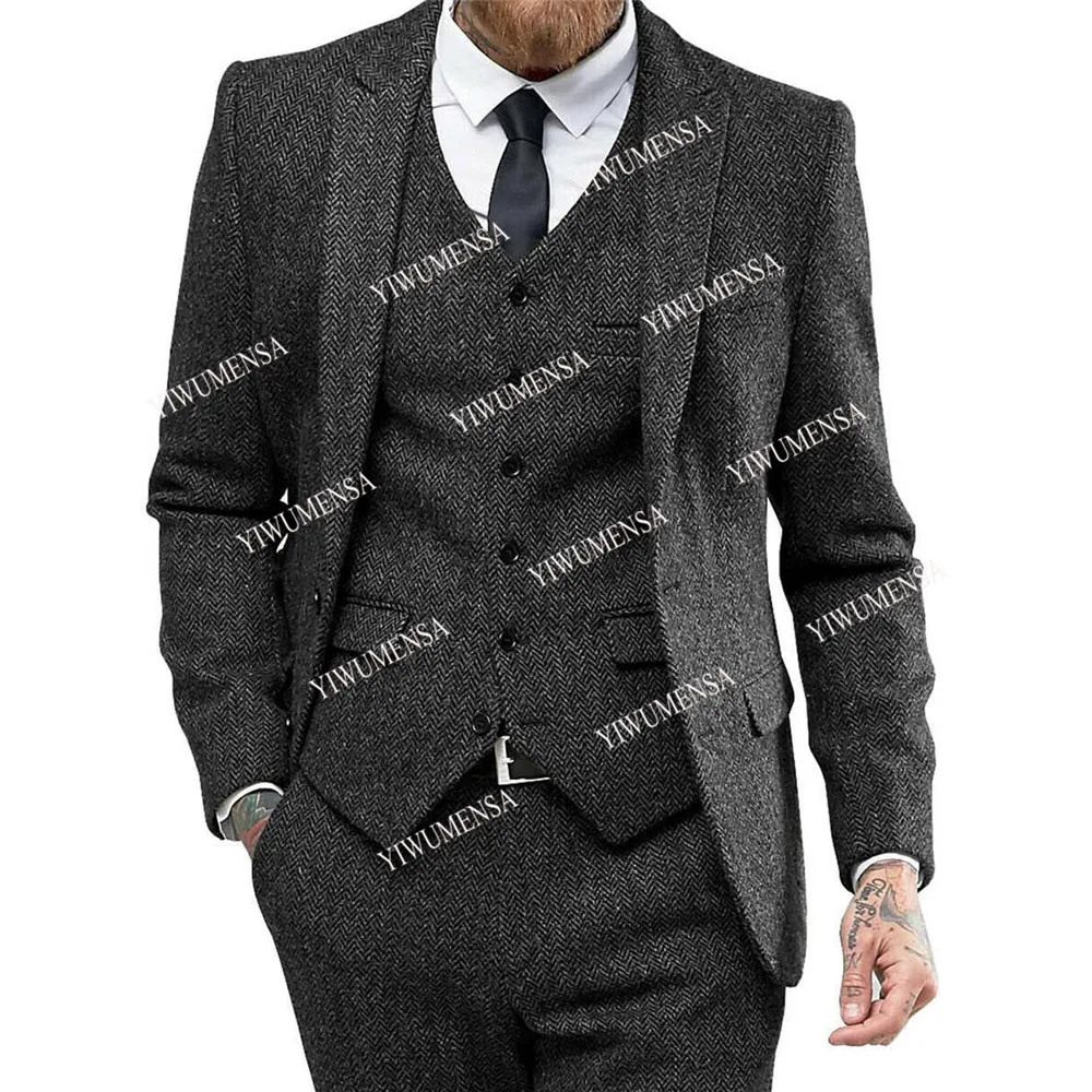 

Deep Greey Herringbone Groom Tuxedos Blazer&Vest&Pants 3 Pieces Set Tailor-Made Suits Wedding For Men Slim Fit Tweed Thick Wool